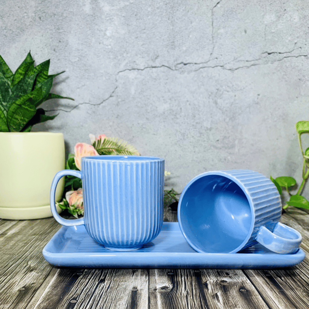 Homefrills Premium Stoneware Handmade Striped Design Ceramic Tea Cups & Milk/Coffee Mugs Along with Tray Microwave Dishwasher Safe - Pack of 3 (2 Cups and 1 Tray) Blue, 300ml