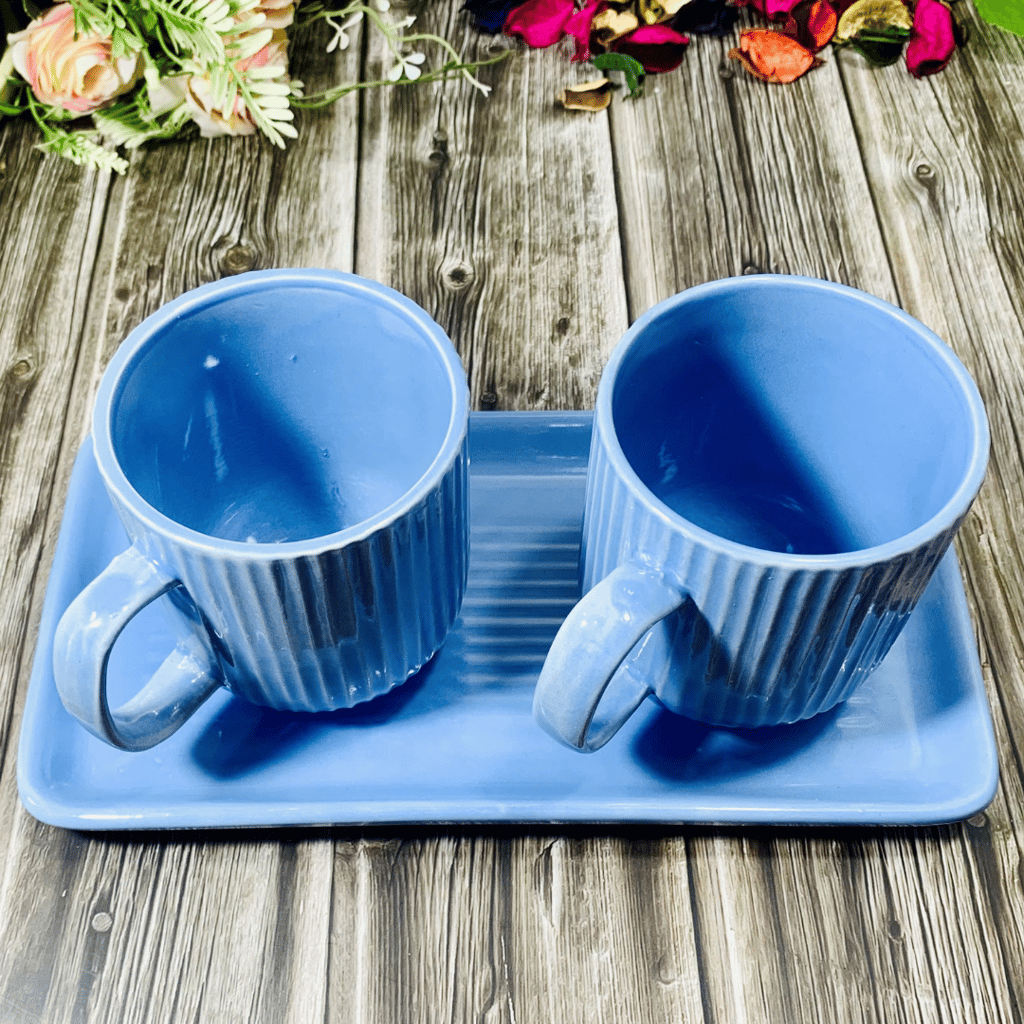 Homefrills Premium Stoneware Handmade Striped Design Ceramic Tea Cups & Milk/Coffee Mugs Along with Tray Microwave Dishwasher Safe - Pack of 3 (2 Cups and 1 Tray) Blue, 300ml