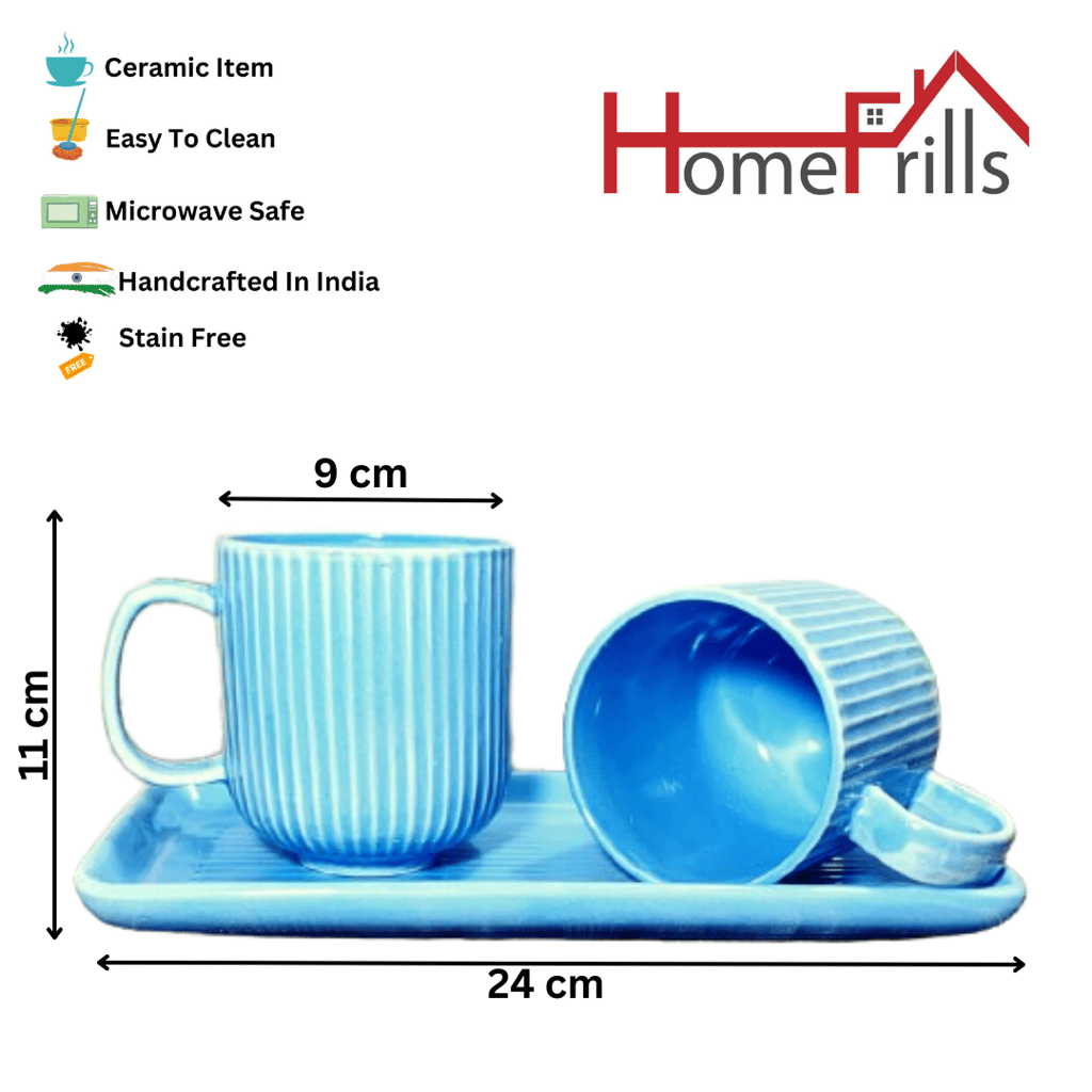 Homefrills Premium Stoneware Handmade Striped Design Ceramic Tea Cups & Milk/Coffee Mugs Along with Tray Microwave Dishwasher Safe - Pack of 3 (2 Cups and 1 Tray) Blue, 300ml