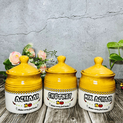 Homefrills Handpainted Achar/Chutney/Pickle serving Ceramic Jars & Containers with Lid for Kitchen & Dinning Table, Chutney/Achar/Pickle serving set(3 jars with Lid) Colour-Brown,300 ml