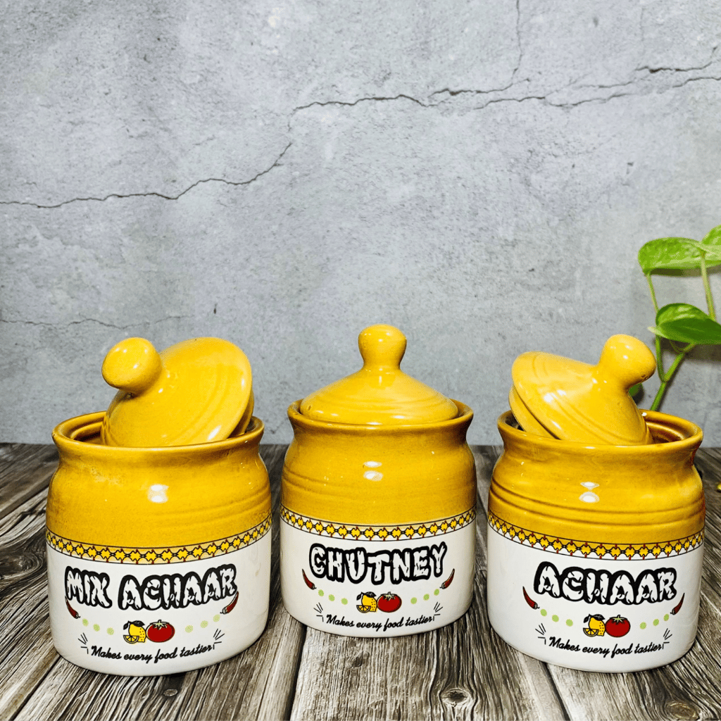 Homefrills Handpainted Achar/Chutney/Pickle serving Ceramic Jars & Containers with Lid for Kitchen & Dinning Table, Chutney/Achar/Pickle serving set(3 jars with Lid) Colour-Brown,300 ml
