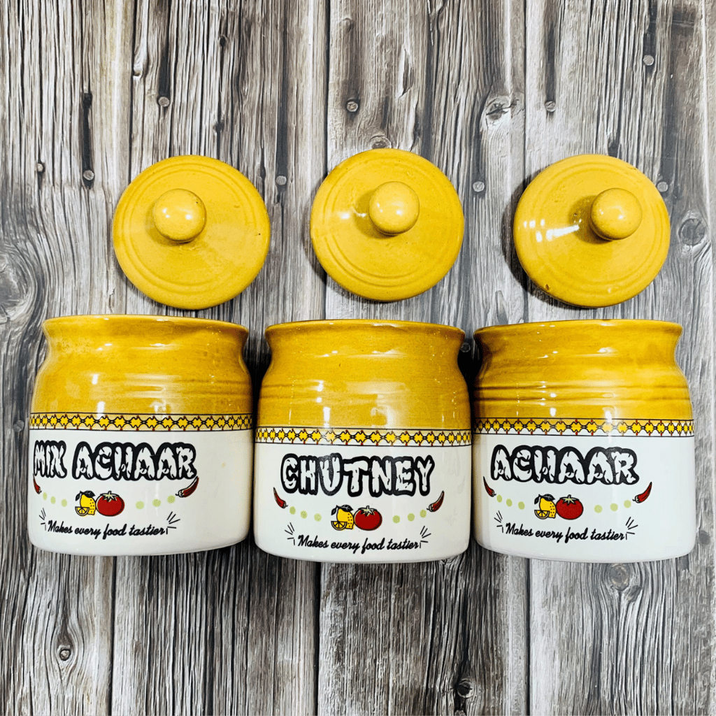 Homefrills Handpainted Achar/Chutney/Pickle serving Ceramic Jars & Containers with Lid for Kitchen & Dinning Table, Chutney/Achar/Pickle serving set(3 jars with Lid) Colour-Brown,300 ml