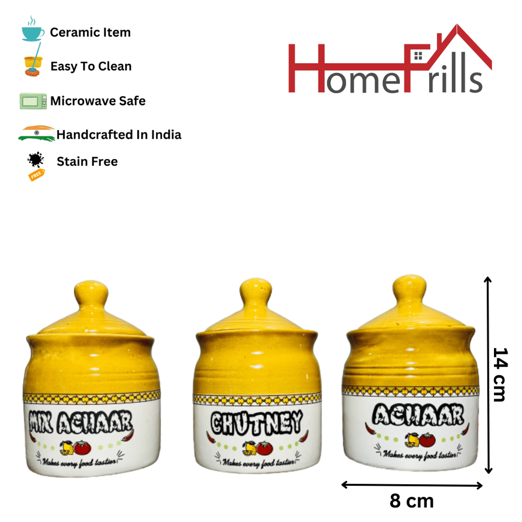 Homefrills Handpainted Achar/Chutney/Pickle serving Ceramic Jars & Containers with Lid for Kitchen & Dinning Table, Chutney/Achar/Pickle serving set(3 jars with Lid) Colour-Brown,300 ml