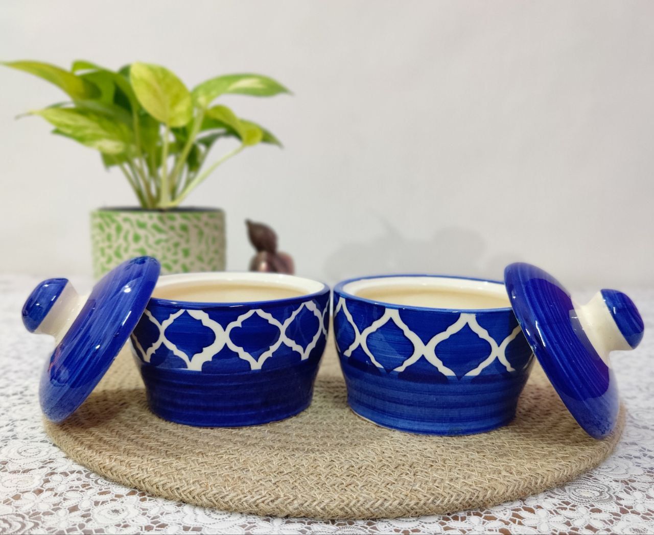 Homefrills Handpainted Multi-Utility Storage Ceramic Jars & Containers with Lid Ceramic Jars for Kitchen& Dining Table Storage Snacks/butter Jar Set of 2(2 jars with Lid ) Colour-Blue