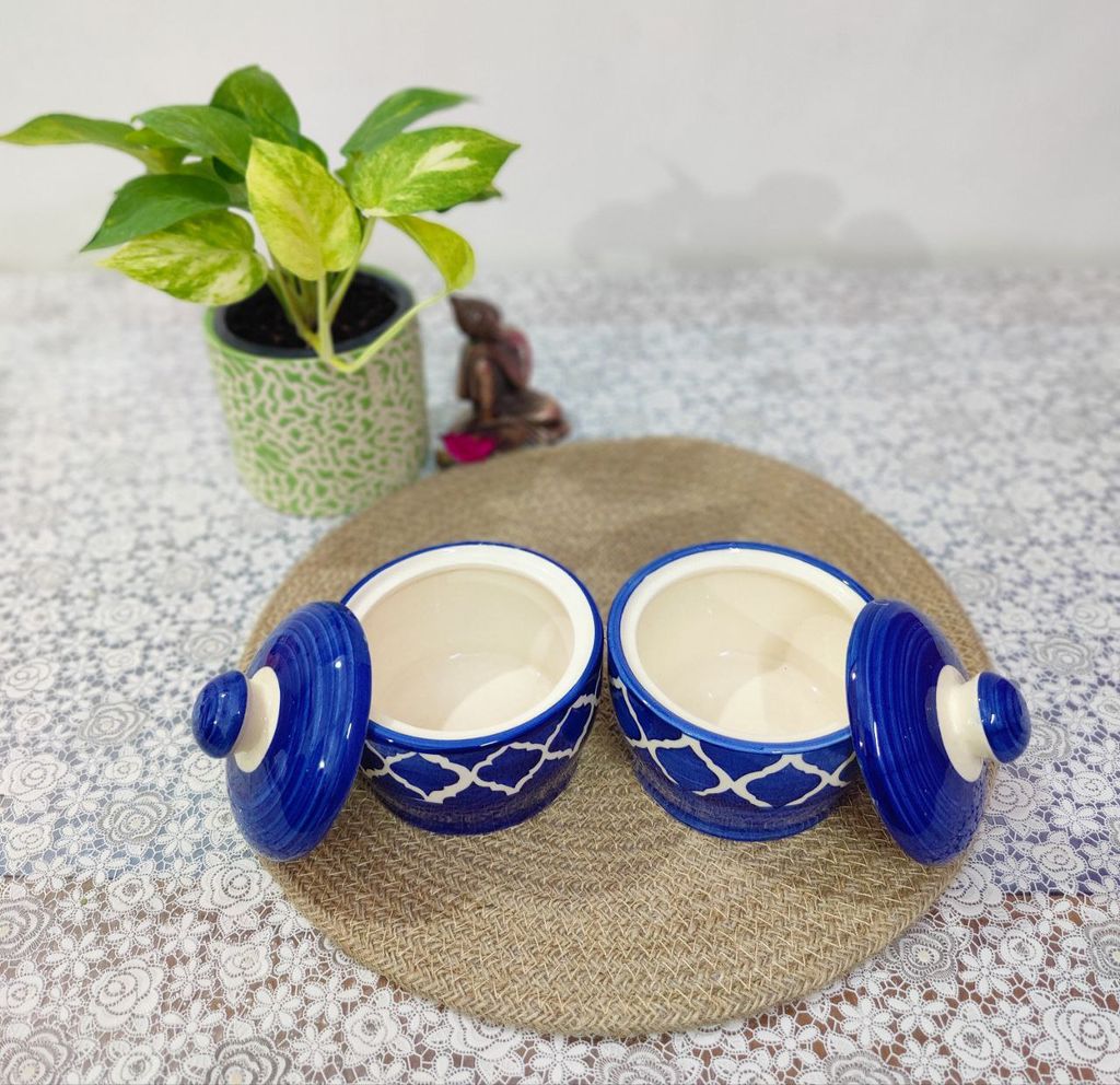 Homefrills Handpainted Multi-Utility Storage Ceramic Jars & Containers with Lid Ceramic Jars for Kitchen& Dining Table Storage Snacks/butter Jar Set of 2(2 jars with Lid ) Colour-Blue