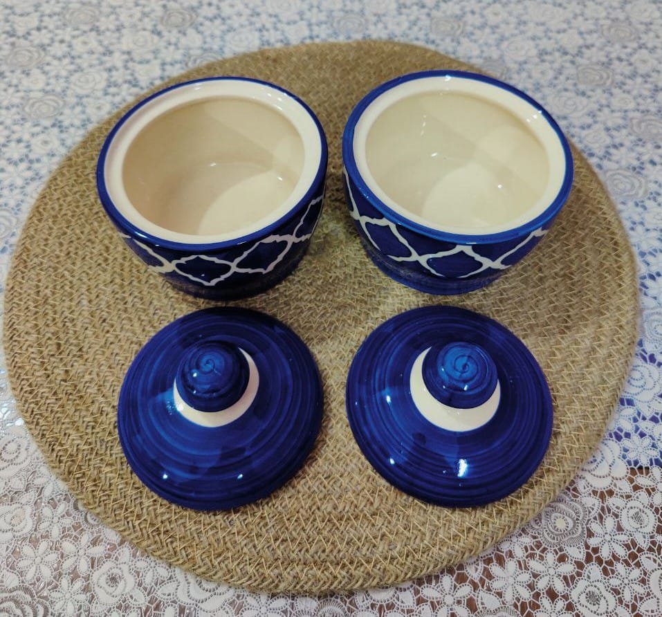 Homefrills Handpainted Multi-Utility Storage Ceramic Jars & Containers with Lid Ceramic Jars for Kitchen& Dining Table Storage Snacks/butter Jar Set of 2(2 jars with Lid ) Colour-Blue