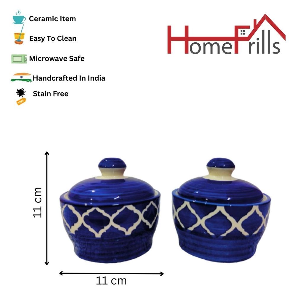 Homefrills Handpainted Multi-Utility Storage Ceramic Jars & Containers with Lid Ceramic Jars for Kitchen& Dining Table Storage Snacks/butter Jar Set of 2(2 jars with Lid ) Colour-Blue