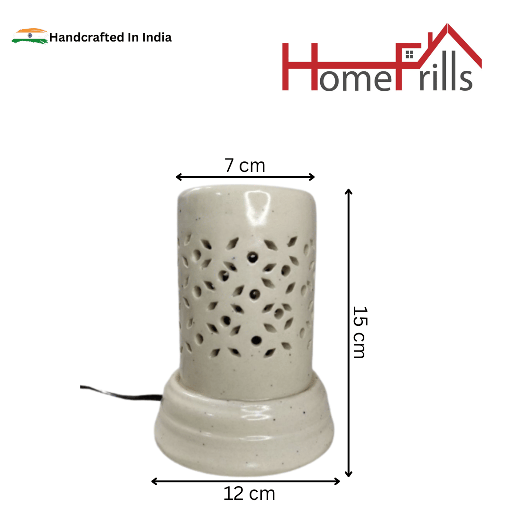 Homefrills Ceramic Cylindrical Shape Electric Aroma Diffuser Oil Burner with 10 ML Lemongrass Aroma Oil for Home/Office & Spa for Aromatherapy/Oil Burners Colour -White (Size-15*12*7 cm)