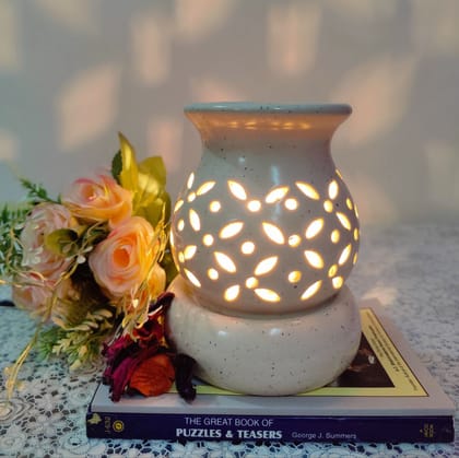 Homefrills Ceramic Electric Aroma Diffuser Oil Burner - Round Shape with 10 ML Lemongrass Aroma Oil for Home/Office air Freshener for Aromatherapy/Oil Burners Colour -White (Size-15*12*12 cm)