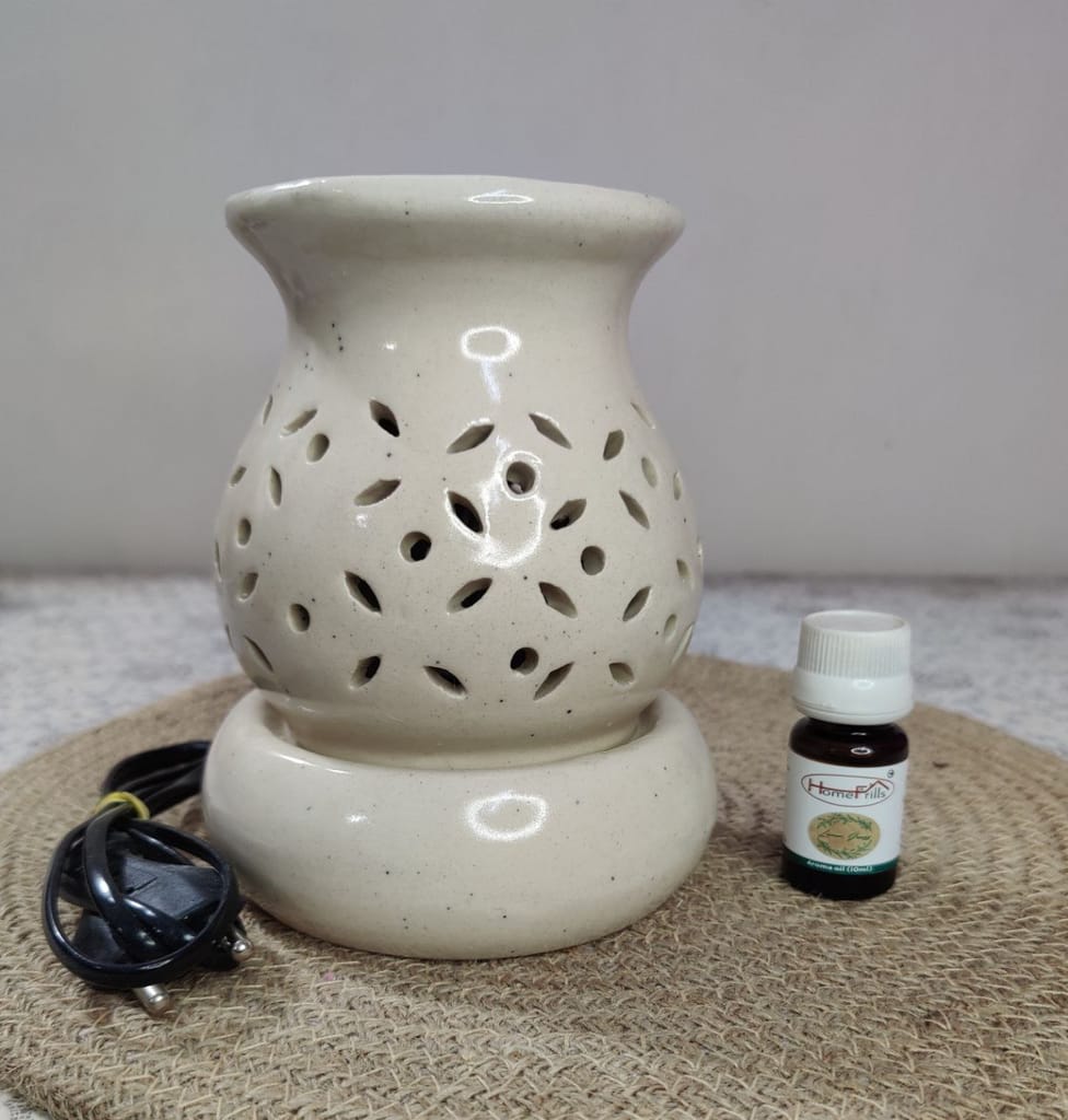 Homefrills Ceramic Electric Aroma Diffuser Oil Burner - Round Shape with 10 ML Lemongrass Aroma Oil for Home/Office air Freshener for Aromatherapy/Oil Burners Colour -White (Size-15*12*12 cm)