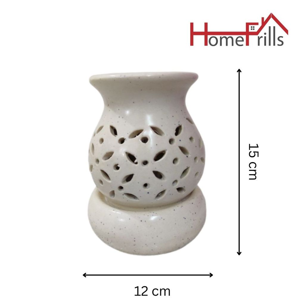 Homefrills Ceramic Electric Aroma Diffuser Oil Burner - Round Shape with 10 ML Lemongrass Aroma Oil for Home/Office air Freshener for Aromatherapy/Oil Burners Colour -White (Size-15*12*12 cm)