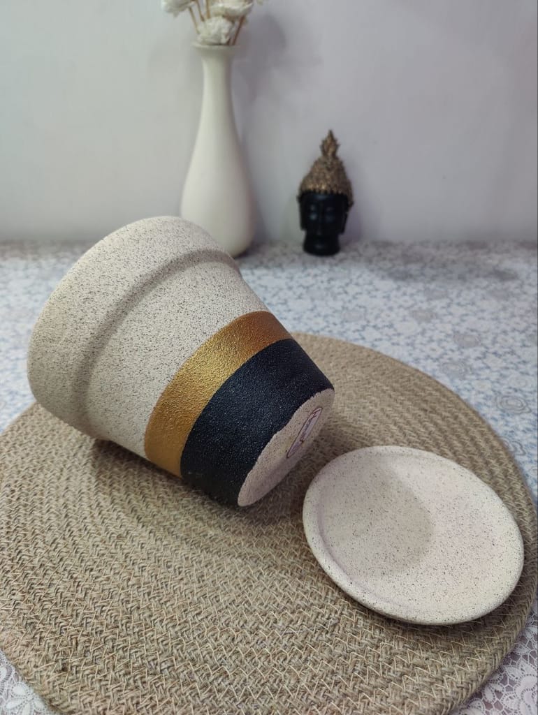 Homefrills Stylish Cream Colour with Black & Golden Strip Ceramic Planters Pot with Bottom Tray for Indoor Plants, Flower Pots, Succulent Pot, Planters for Home Decor, Home Garden Size-15 * 14 cm