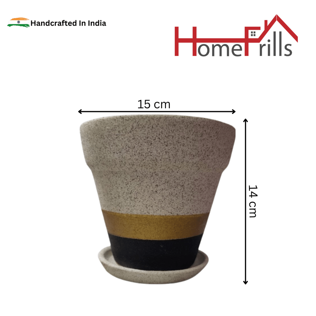 Homefrills Stylish Cream Colour with Black & Golden Strip Ceramic Planters Pot with Bottom Tray for Indoor Plants, Flower Pots, Succulent Pot, Planters for Home Decor, Home Garden Size-15 * 14 cm