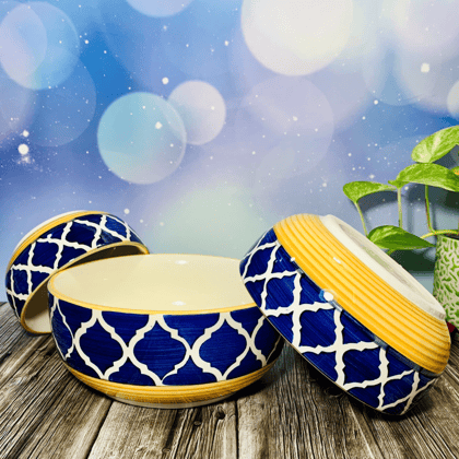 Homefrills Studio Pottery Hand-Painted Ceramic Serving & Mixing Bowls/Katoris Microwave Dishwasher Safe -Set of 3 Color -Yellow & Blue