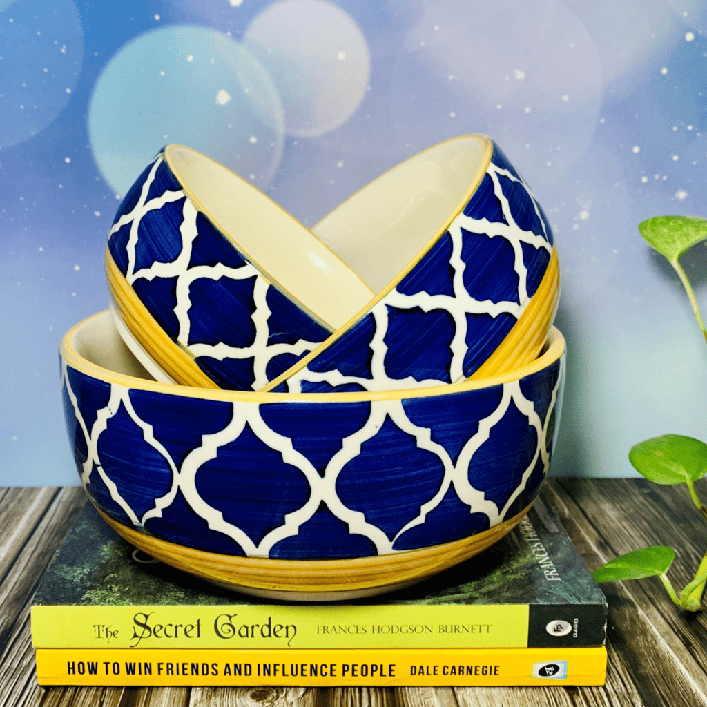 Homefrills Studio Pottery Hand-Painted Ceramic Serving & Mixing Bowls/Katoris Microwave Dishwasher Safe -Set of 3 Color -Yellow & Blue