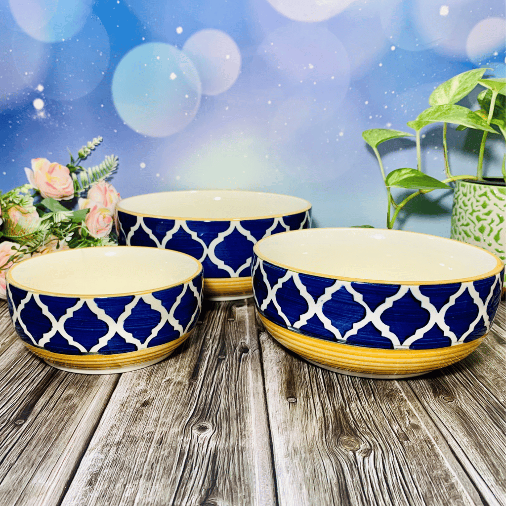 Homefrills Studio Pottery Hand-Painted Ceramic Serving & Mixing Bowls/Katoris Microwave Dishwasher Safe -Set of 3 Color -Yellow & Blue