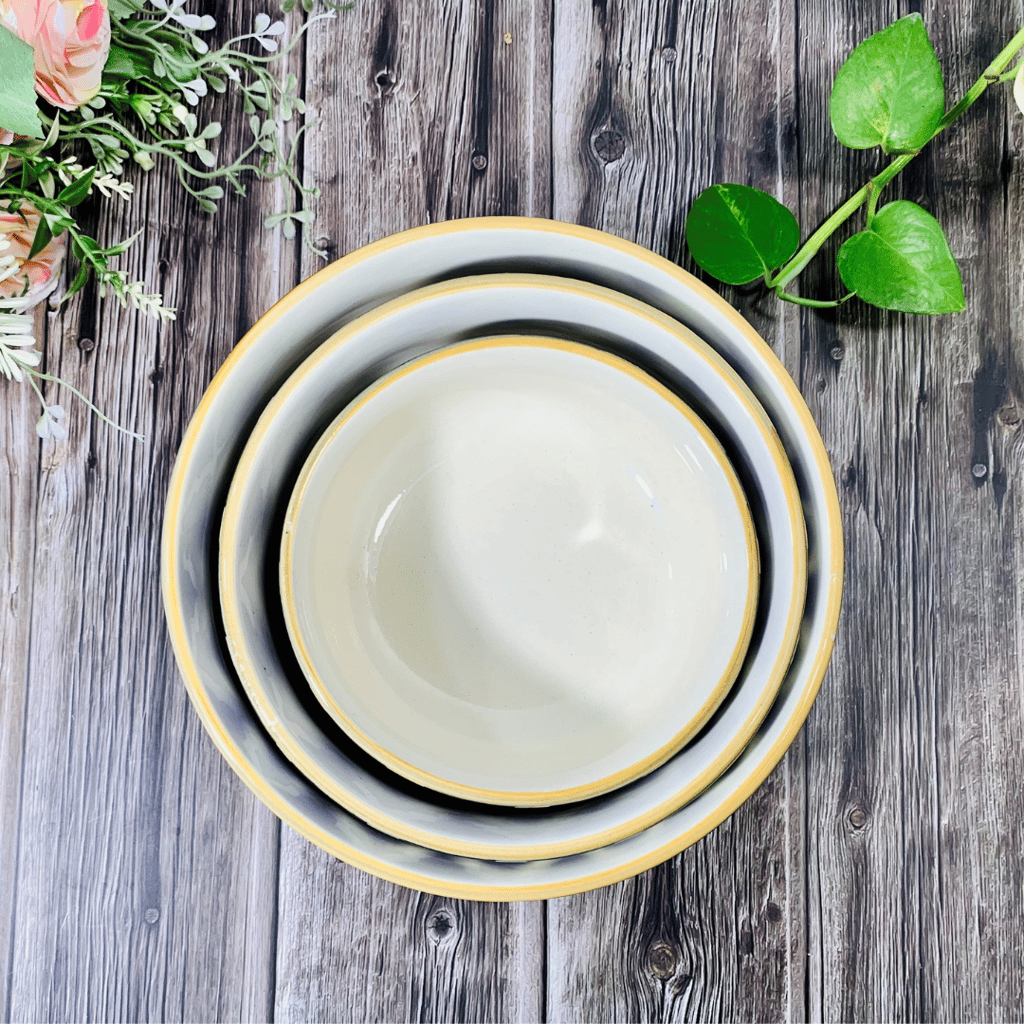 Homefrills Studio Pottery Hand-Painted Ceramic Serving & Mixing Bowls/Katoris Microwave Dishwasher Safe -Set of 3 Color -Yellow & Blue