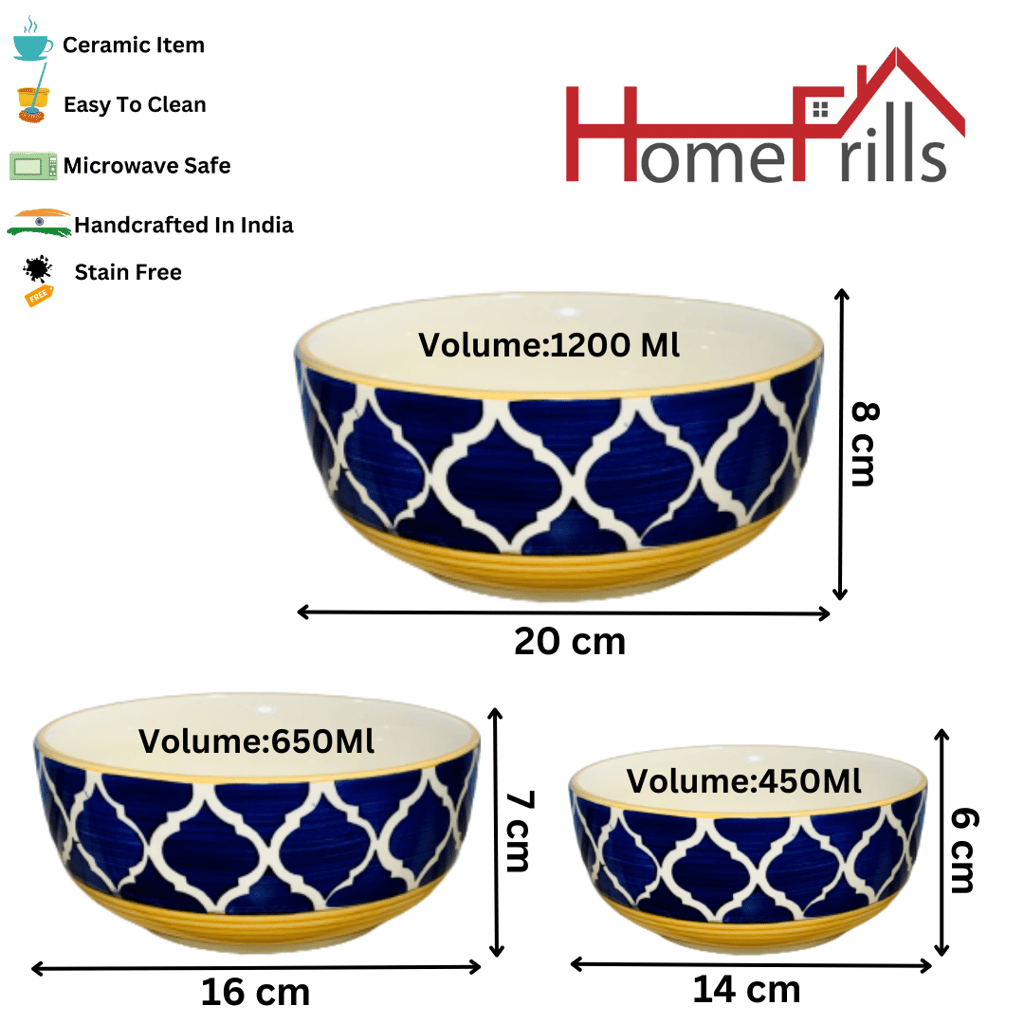 Homefrills Studio Pottery Hand-Painted Ceramic Serving & Mixing Bowls/Katoris Microwave Dishwasher Safe -Set of 3 Color -Yellow & Blue