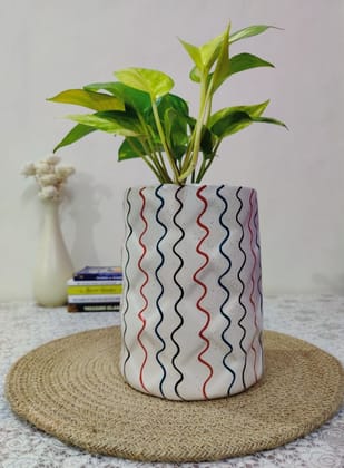 Homefrills Stylish Cylinder Shape White Colour with Multicolour line Design Ceramic Planter Pot for Indoor & Outdoor Home, Garden, Office Decor,Balcony Planters Pot Gamla Size-14 * 18 cm Colour-White