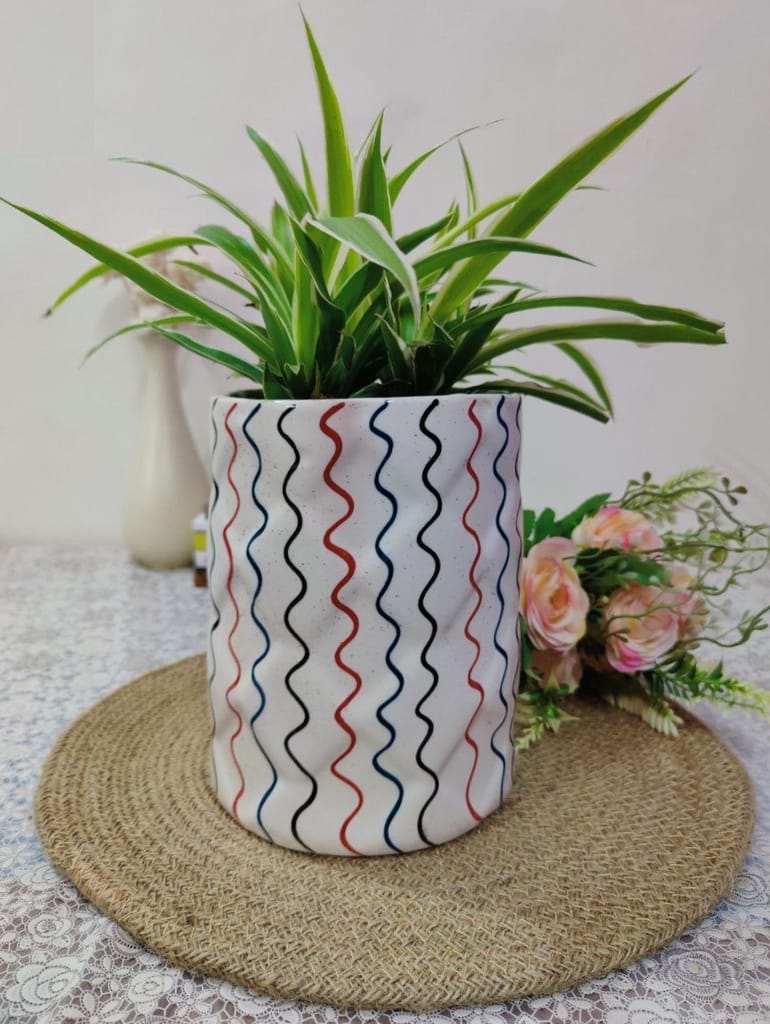 Homefrills Stylish Cylinder Shape White Colour with Multicolour line Design Ceramic Planter Pot for Indoor & Outdoor Home, Garden, Office Decor,Balcony Planters Pot Gamla Size-14 * 18 cm Colour-White