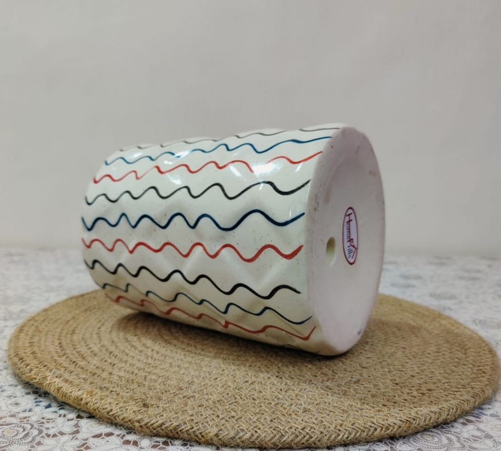 Homefrills Stylish Cylinder Shape White Colour with Multicolour line Design Ceramic Planter Pot for Indoor & Outdoor Home, Garden, Office Decor,Balcony Planters Pot Gamla Size-14 * 18 cm Colour-White