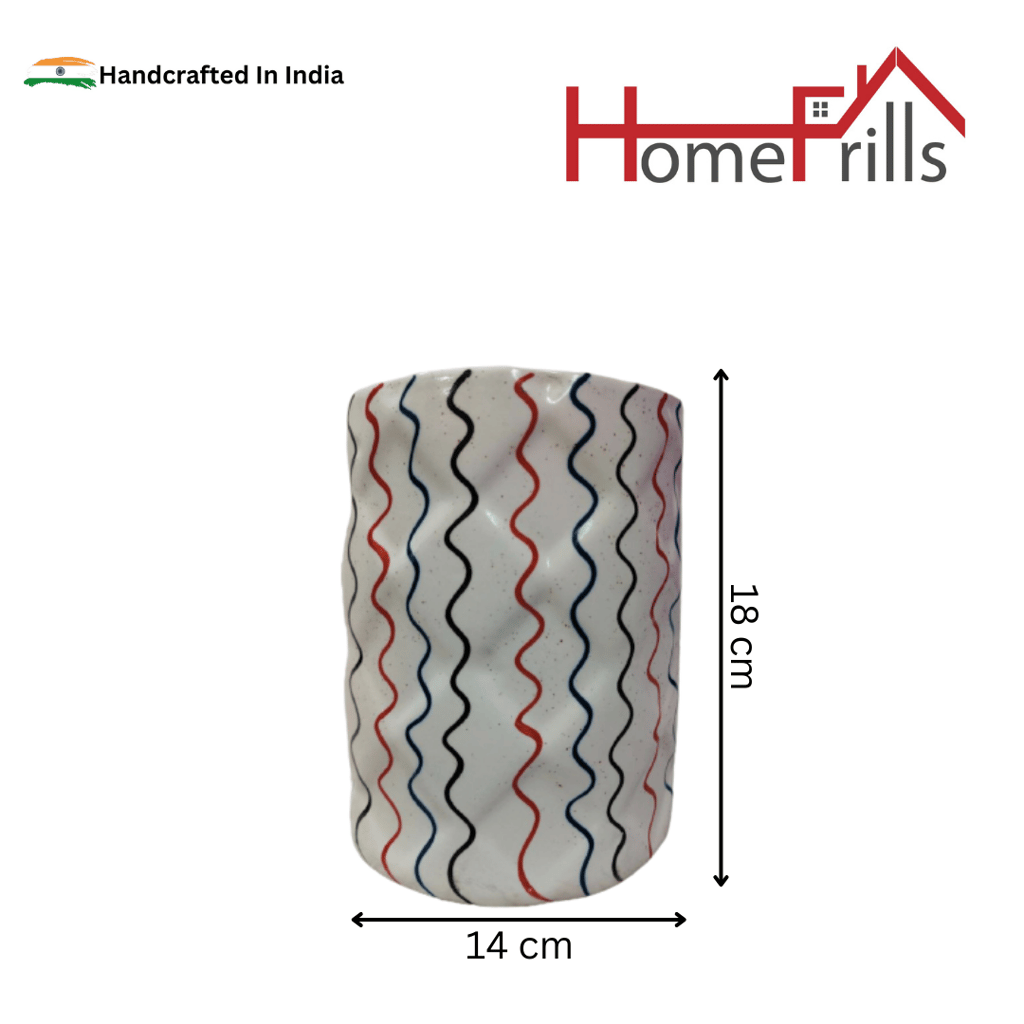 Homefrills Stylish Cylinder Shape White Colour with Multicolour line Design Ceramic Planter Pot for Indoor & Outdoor Home, Garden, Office Decor,Balcony Planters Pot Gamla Size-14 * 18 cm Colour-White