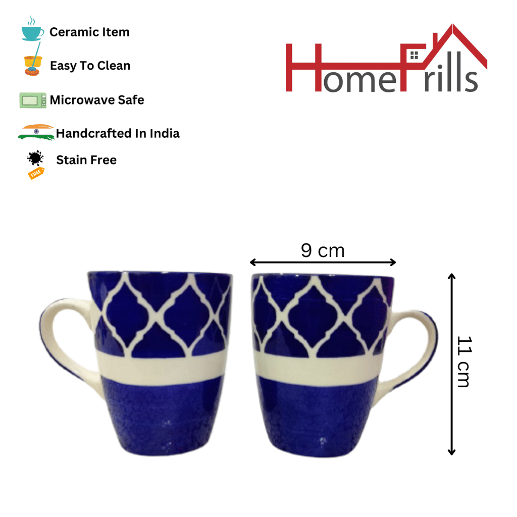 Homefrills Ceramic Hand Crafted-Hand Painted Ceramic Coffee Mugs (Blue) Suitable for Coffee, Tea, Juice, Cappuccino, etc. (275ml) Set of 2