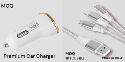 3.1 AMP DUAL USB CAR CHARGER WITH 3IN1 CABLE , WHITE COLOR