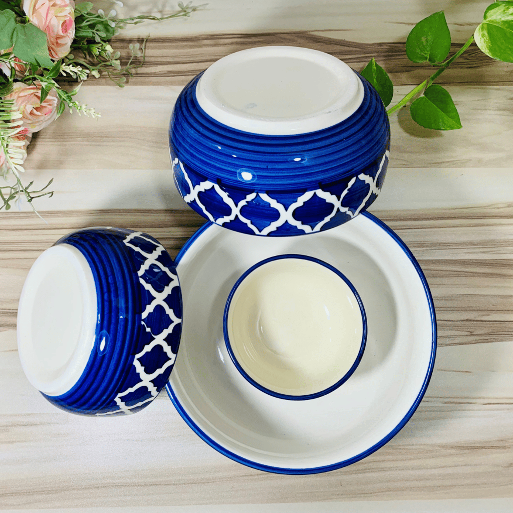 Homefrills Studio Pottery Hand-Painted Ceramic Serving & Mixing Bowls / Katoris for Snacks, Rice, Dal, Vegetables, Fruits, Salad, Noodles & Pasta Microwave Dishwasher Safe/BPA & Lead Free -Set of 4 Color -Blue