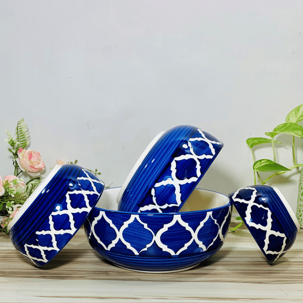 Homefrills Studio Pottery Hand-Painted Ceramic Serving & Mixing Bowls / Katoris for Snacks, Rice, Dal, Vegetables, Fruits, Salad, Noodles & Pasta Microwave Dishwasher Safe/BPA & Lead Free -Set of 4 Color -Blue