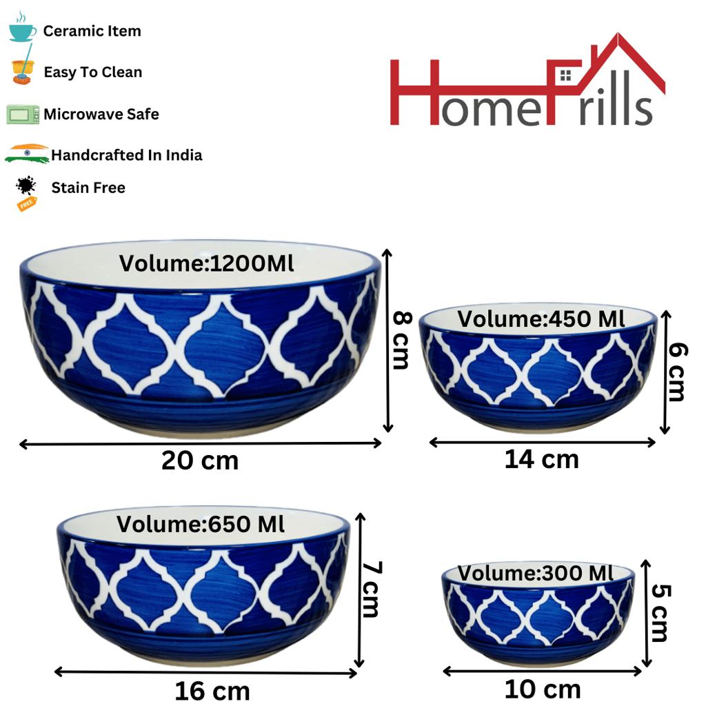 Homefrills Studio Pottery Hand-Painted Ceramic Serving & Mixing Bowls / Katoris for Snacks, Rice, Dal, Vegetables, Fruits, Salad, Noodles & Pasta Microwave Dishwasher Safe/BPA & Lead Free -Set of 4 Color -Blue
