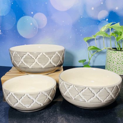 Homefrills Studio Pottery Hand-Painted Ceramic Serving & Mixing Bowls / Katoris for Snacks, Rice, Dal, Vegetables, Fruits, Salad, Noodles & Pasta Microwave Dishwasher Safe/BPA & Lead Free -Set of 3 Color -Grey