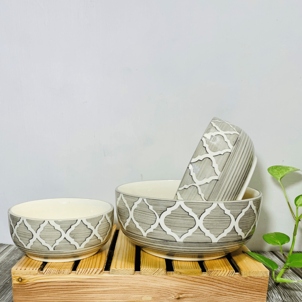 Homefrills Studio Pottery Hand-Painted Ceramic Serving & Mixing Bowls / Katoris for Snacks, Rice, Dal, Vegetables, Fruits, Salad, Noodles & Pasta Microwave Dishwasher Safe/BPA & Lead Free -Set of 3 Color -Grey
