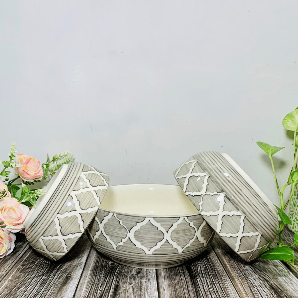 Homefrills Studio Pottery Hand-Painted Ceramic Serving & Mixing Bowls / Katoris for Snacks, Rice, Dal, Vegetables, Fruits, Salad, Noodles & Pasta Microwave Dishwasher Safe/BPA & Lead Free -Set of 3 Color -Grey