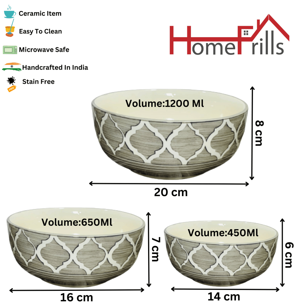 Homefrills Studio Pottery Hand-Painted Ceramic Serving & Mixing Bowls / Katoris for Snacks, Rice, Dal, Vegetables, Fruits, Salad, Noodles & Pasta Microwave Dishwasher Safe/BPA & Lead Free -Set of 3 Color -Grey