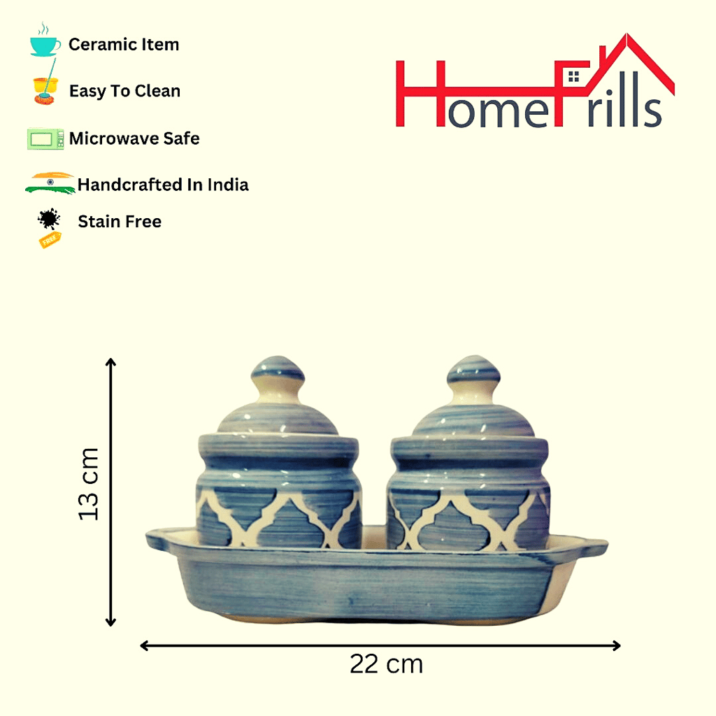 Homefrills Handpainted Multi-Utility Storage Ceramic Jars & Containers with Lid & Tray for Kitchen & Dinning Table Snacks/Chutney/Pickle Serving jar set(2 jars with Lid & 1 Tray) Colour-Grey
