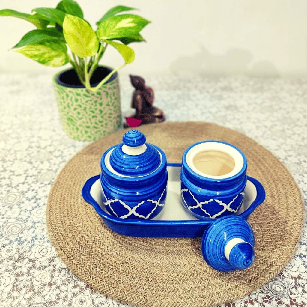 Homefrills Handpainted Multi-Utility Storage Ceramic Jars & Containers with Lid & Tray for Kitchen & Dinning Table Snacks/Chutney/Pickle Serving jar set(2 jars with Lid & 1 Tray) Colour-Blue