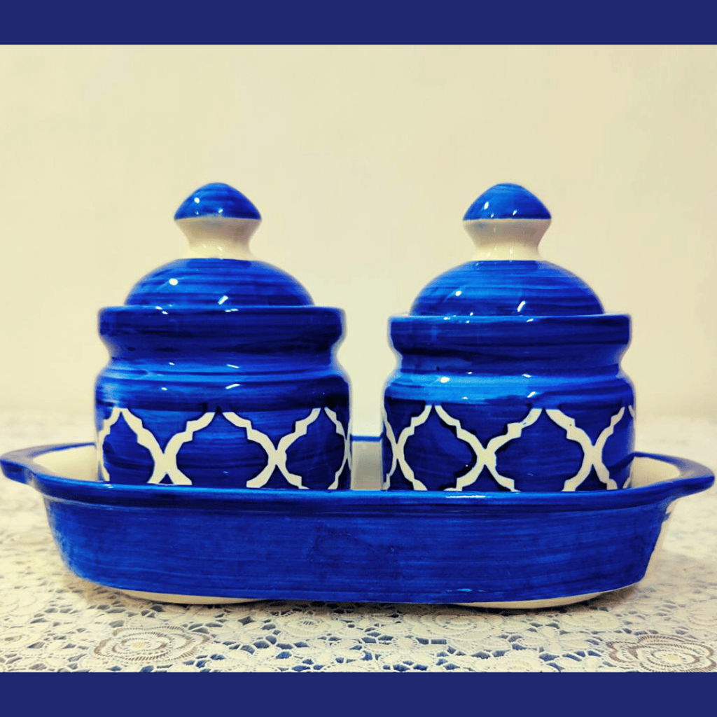 Homefrills Handpainted Multi-Utility Storage Ceramic Jars & Containers with Lid & Tray for Kitchen & Dinning Table Snacks/Chutney/Pickle Serving jar set(2 jars with Lid & 1 Tray) Colour-Blue
