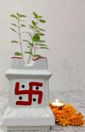 Homefrills Small Tulsi Ceramic Planters Pot for Indoor, Outdoor,Home Office,Pooja Plants Gamla(Color- White & Red) Size-17 cm