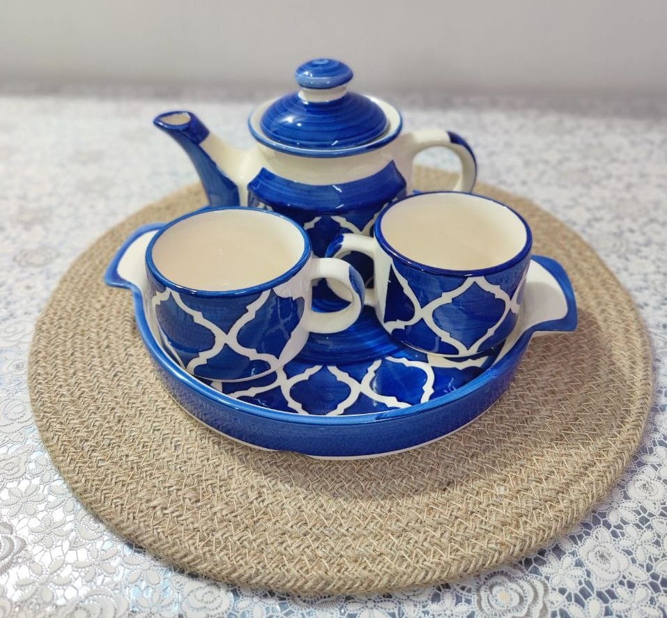 Homefrills Hand Painted Ceramic Tea Kettle Set with 2 Cups(150ml), 1 Kettle(400ml)& 1 Tray/Ceramic Good Morning Set- Set of 4 Colour-Blue,Microwave Safe