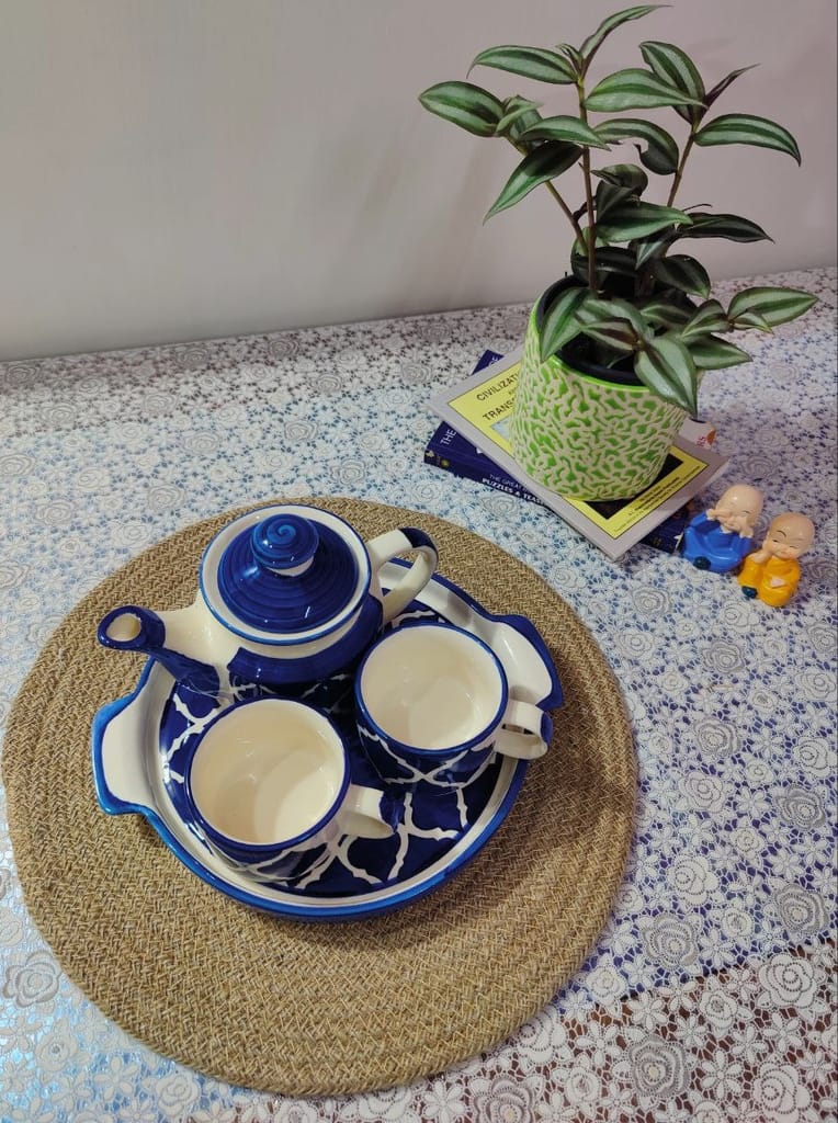 Homefrills Hand Painted Ceramic Tea Kettle Set with 2 Cups(150ml), 1 Kettle(400ml)& 1 Tray/Ceramic Good Morning Set- Set of 4 Colour-Blue,Microwave Safe
