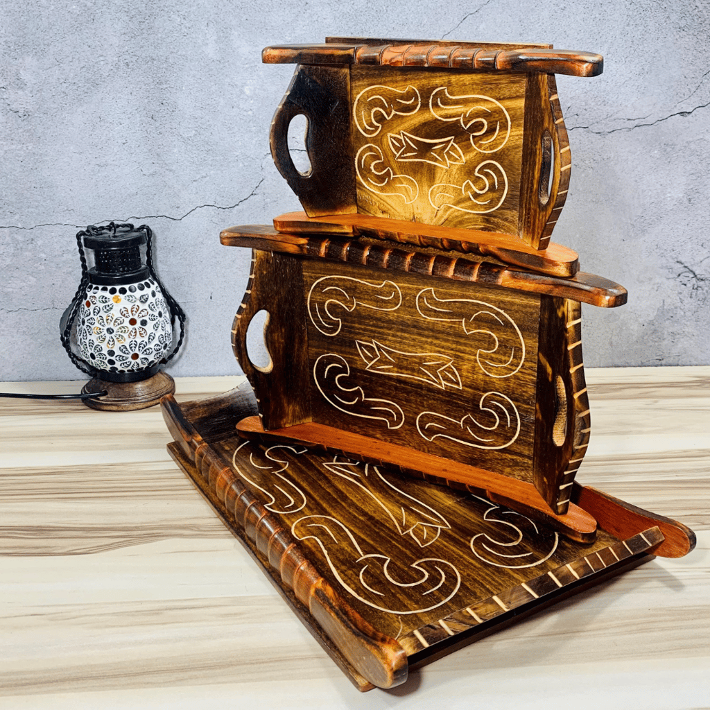 Homefrills Sheesham Wood Carved Design Antique Serving Tray, Handmade & Handcrafted Rectangular Platter/Trays with Handles for Serving Cakes, Pastries, Snacks, Breakfast, Coffee- Set of 3