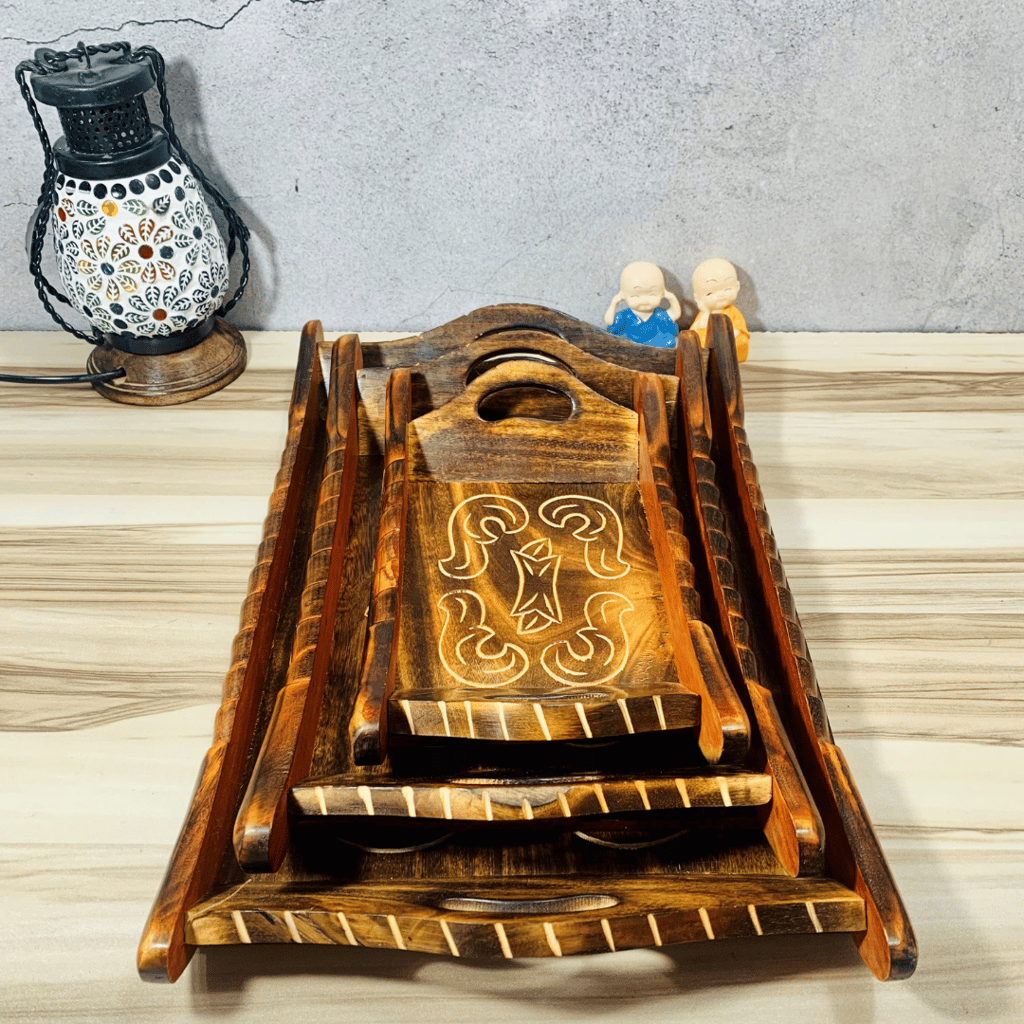 Homefrills Sheesham Wood Carved Design Antique Serving Tray, Handmade & Handcrafted Rectangular Platter/Trays with Handles for Serving Cakes, Pastries, Snacks, Breakfast, Coffee- Set of 3