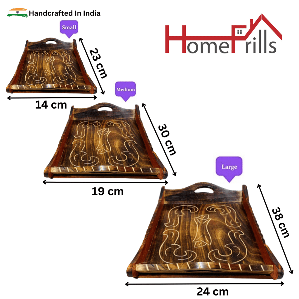 Homefrills Sheesham Wood Carved Design Antique Serving Tray, Handmade & Handcrafted Rectangular Platter/Trays with Handles for Serving Cakes, Pastries, Snacks, Breakfast, Coffee- Set of 3