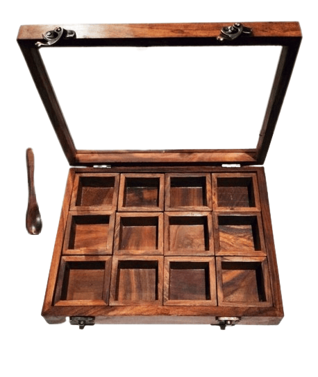 Homefrills Rectangle Spice Box with Spoon in Sheesham Wood Multi-Utility Storage,Masala Dabba,Spice Rack,Masala box,Masala Spice Jars Container for Kitchen (12 Containers, Removable, Brown)