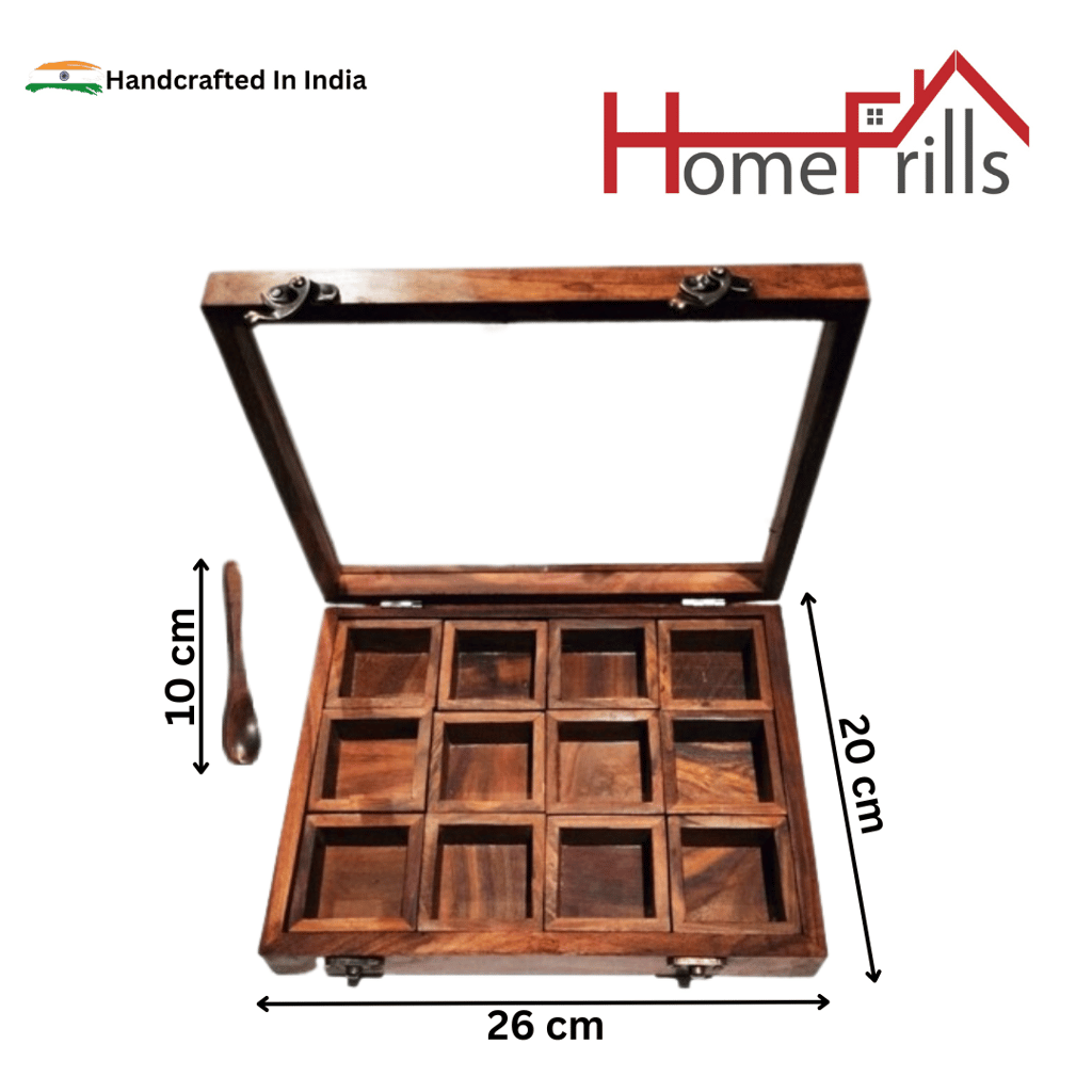 Homefrills Rectangle Spice Box with Spoon in Sheesham Wood Multi-Utility Storage,Masala Dabba,Spice Rack,Masala box,Masala Spice Jars Container for Kitchen (12 Containers, Removable, Brown)