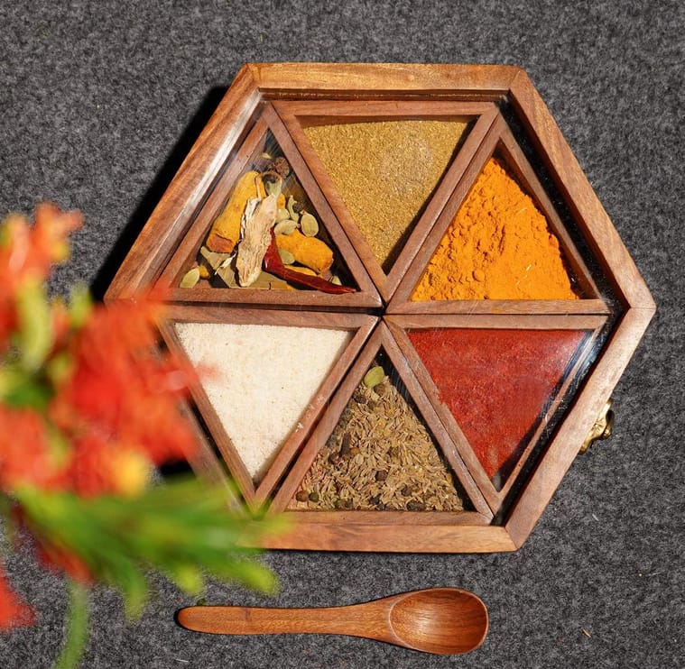 Homefrills Hexagun Spice Box with Spoon in Sheesham Wood Multi-Utility Storage,Masala Dabba,Spice Rack,Masala box,Masala Spice Jars Container for Kitchen (6 Containers, Removable, Brown)