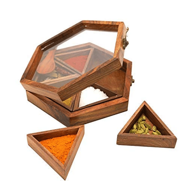 Homefrills Hexagun Spice Box with Spoon in Sheesham Wood Multi-Utility Storage,Masala Dabba,Spice Rack,Masala box,Masala Spice Jars Container for Kitchen (6 Containers, Removable, Brown)
