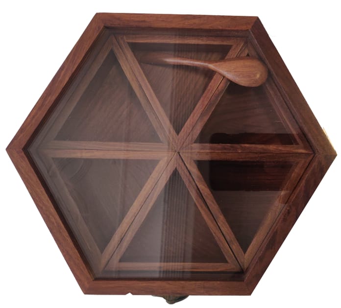 Homefrills Hexagun Spice Box with Spoon in Sheesham Wood Multi-Utility Storage,Masala Dabba,Spice Rack,Masala box,Masala Spice Jars Container for Kitchen (6 Containers, Removable, Brown)