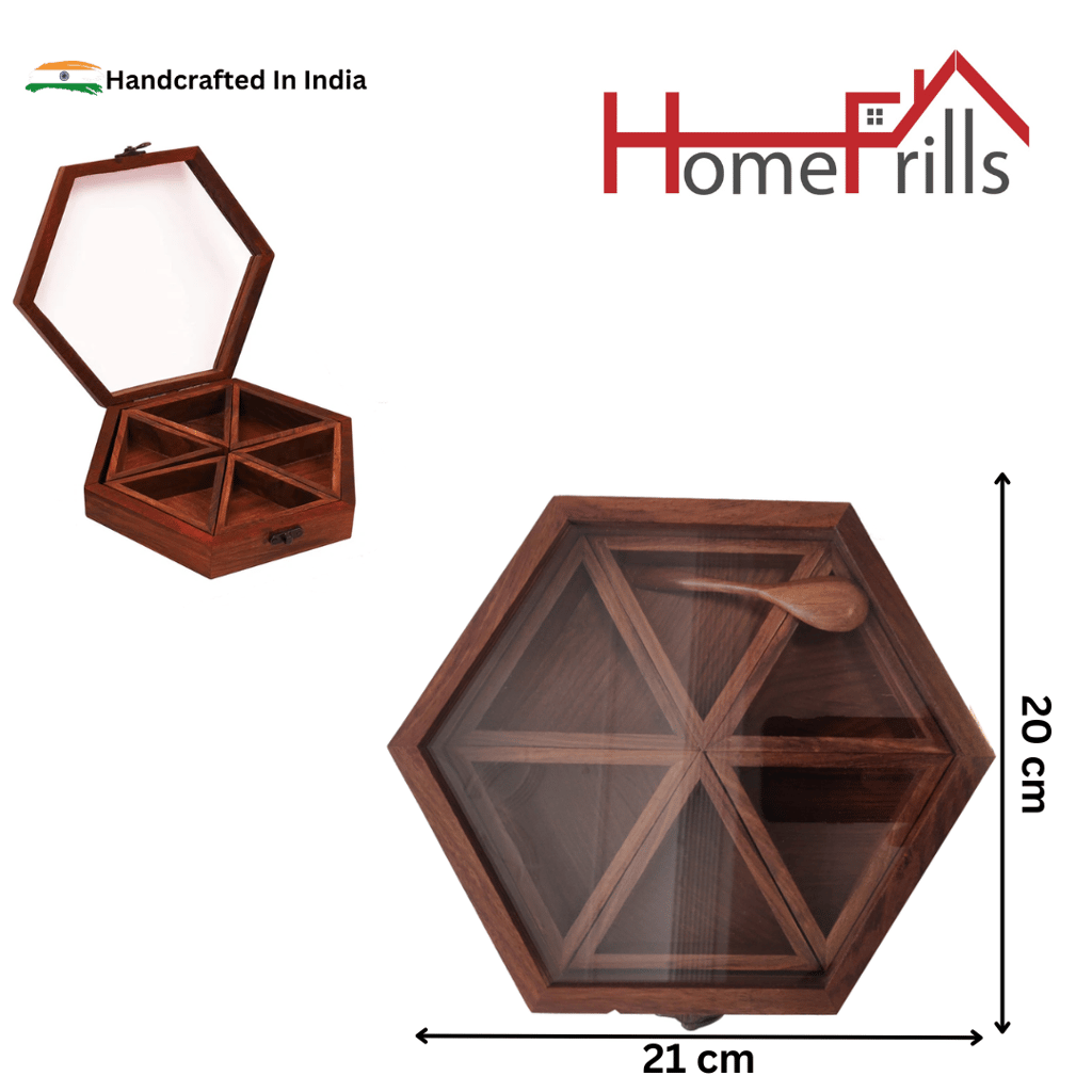 Homefrills Hexagun Spice Box with Spoon in Sheesham Wood Multi-Utility Storage,Masala Dabba,Spice Rack,Masala box,Masala Spice Jars Container for Kitchen (6 Containers, Removable, Brown)